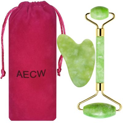 AECW Natural Jade Roller and Gua Sha Set for Face Eyes Tool Jade Facial Roller Noiseless Facial Massage Roller