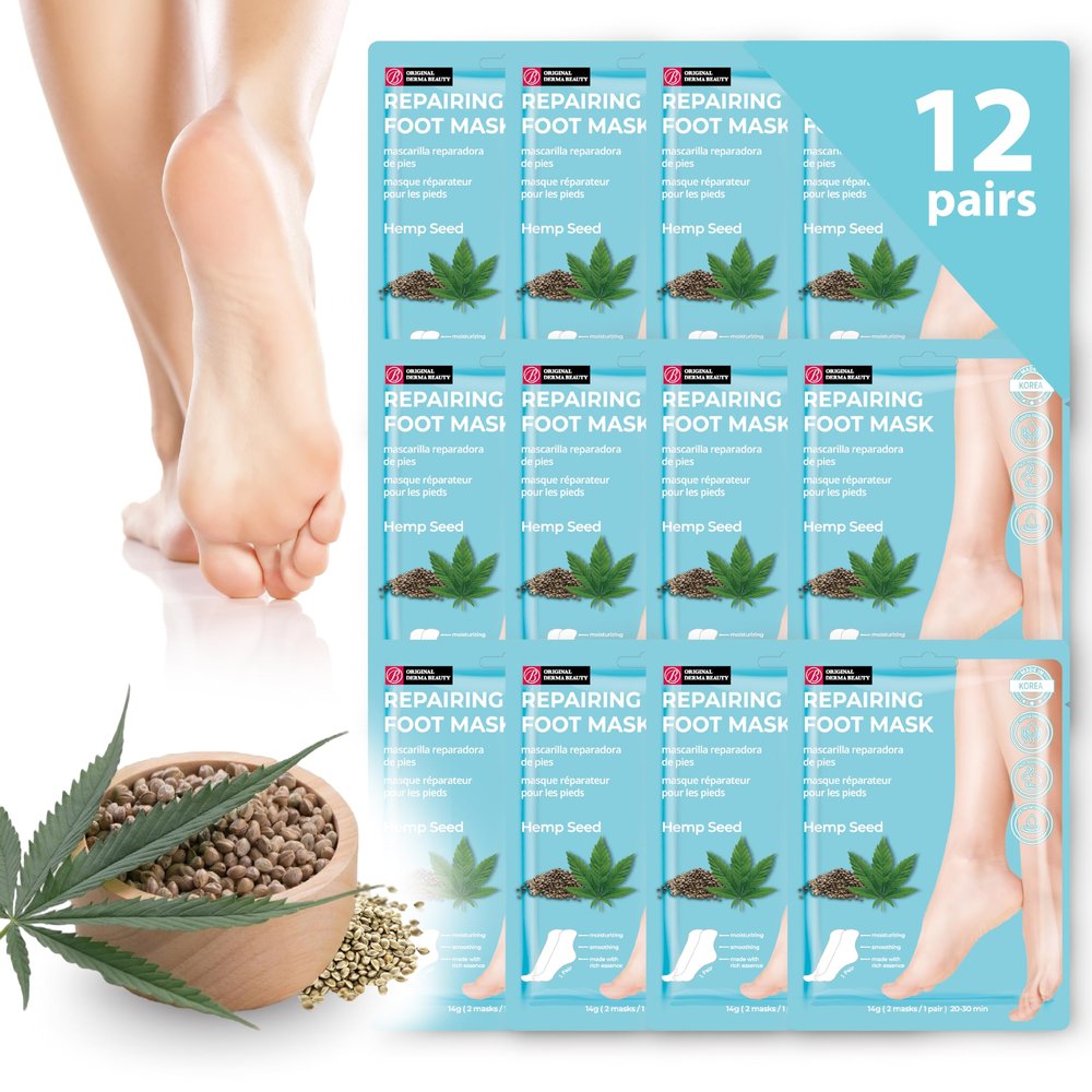 Innerest Original Derma Beauty Foot Mask 12 Pairs Repairing Hemp Seed Moisturizing Foot Mask Set Body Exfoliator Callus Remover Foot Masks Foot Bath Pedicure Supplies for Beauty & Personal Care