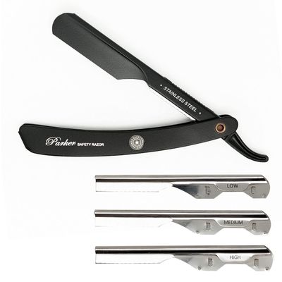 Parker PTABK Adjustable Stainless-Steel Barber Razor | 3 Blade Exposures (Low/Medium/High) | Straight Shavette with 5 Premium Platinum Refills | Black Stainless Steel Handle