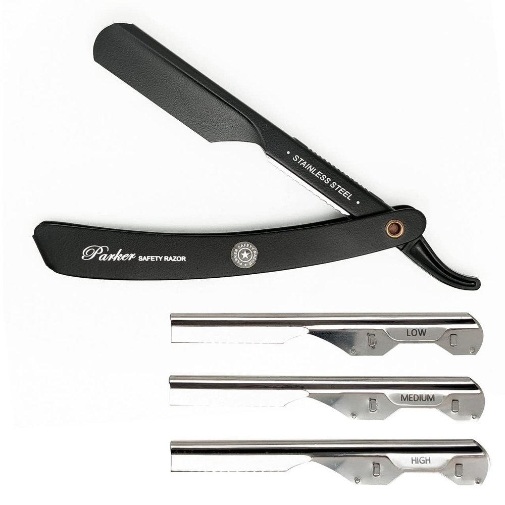 Parker PTABK Adjustable Stainless-Steel Barber Razor | 3 Blade Exposures (Low/Medium/High) | Straight Shavette with 5 Premium Platinum Refills | Black Stainless Steel Handle