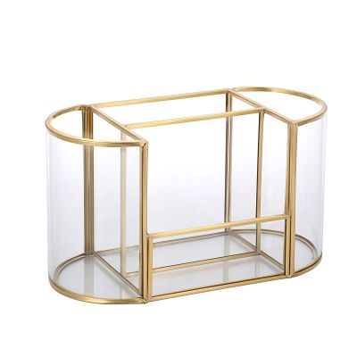 Hipiwe Gold Makeup Brush Holder 4 Slots Glass Cosmetics Brush Organizer Remote Control Holder Pen Holder Vintage Vanity Storage Holder for Brushes Comb Eyeliner fit Dresser Bathroom Office