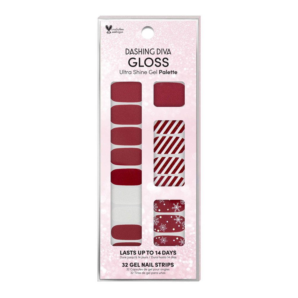 Dashing Diva Gloss Holiday Nail Strips - Peppermint Marvel | UV Free, Chip Resistant, Long Lasting Gel Nail Stickers | 32 Wraps, 1 Prep Pad, 1 Nail File