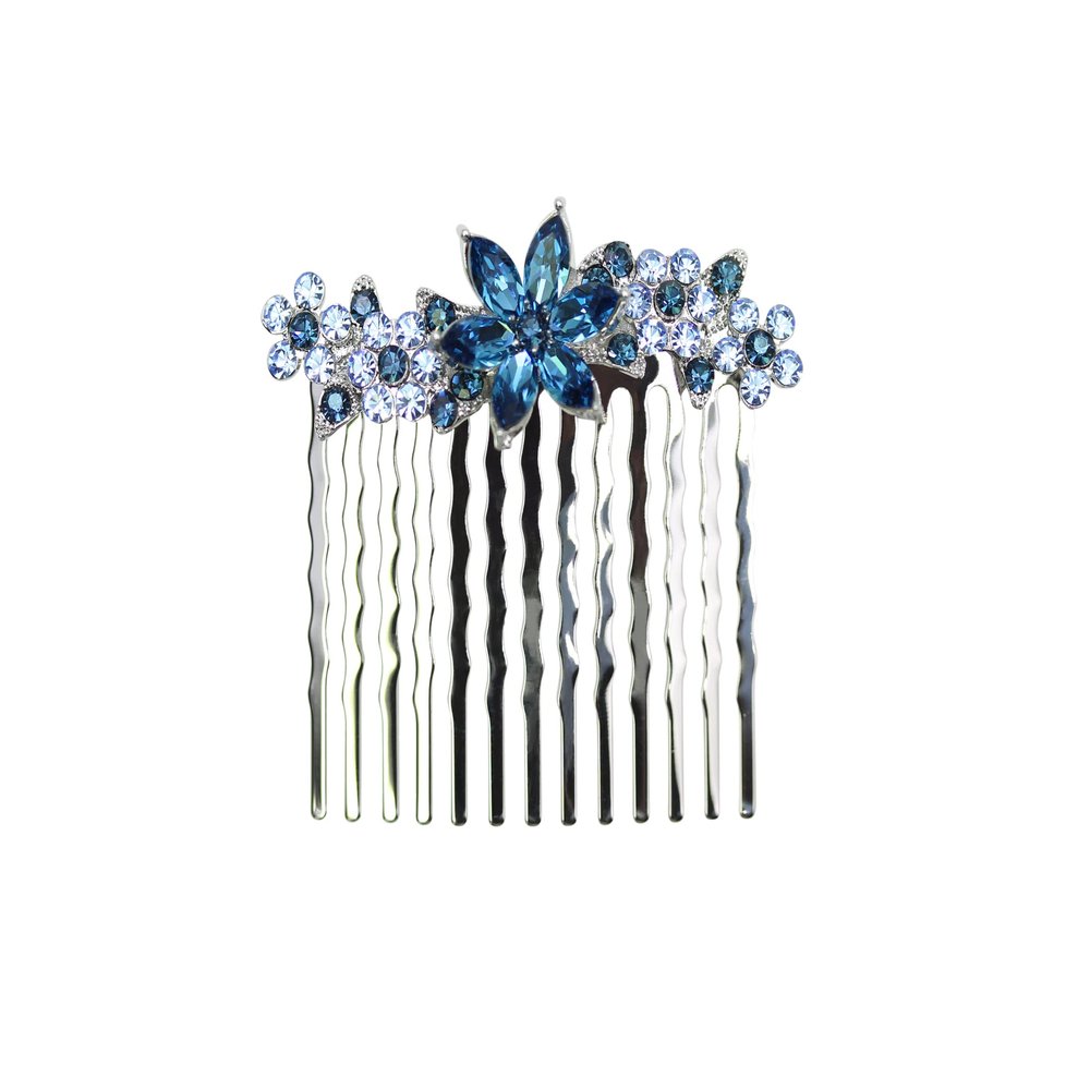 Faship Gorgeous Dark Blue Rhinestone Crystal Floral Small Hair Comb