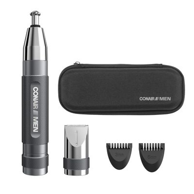Conair Men Ear, Nose and Eyebrow Trimmer, Patented 360 Bevel Blade for No Pulls, Nicks or Cuts Guaranteed, Nose Hair Trimmer for Men, Non-Slip Grip, 5-Piece Kit with Travel Case