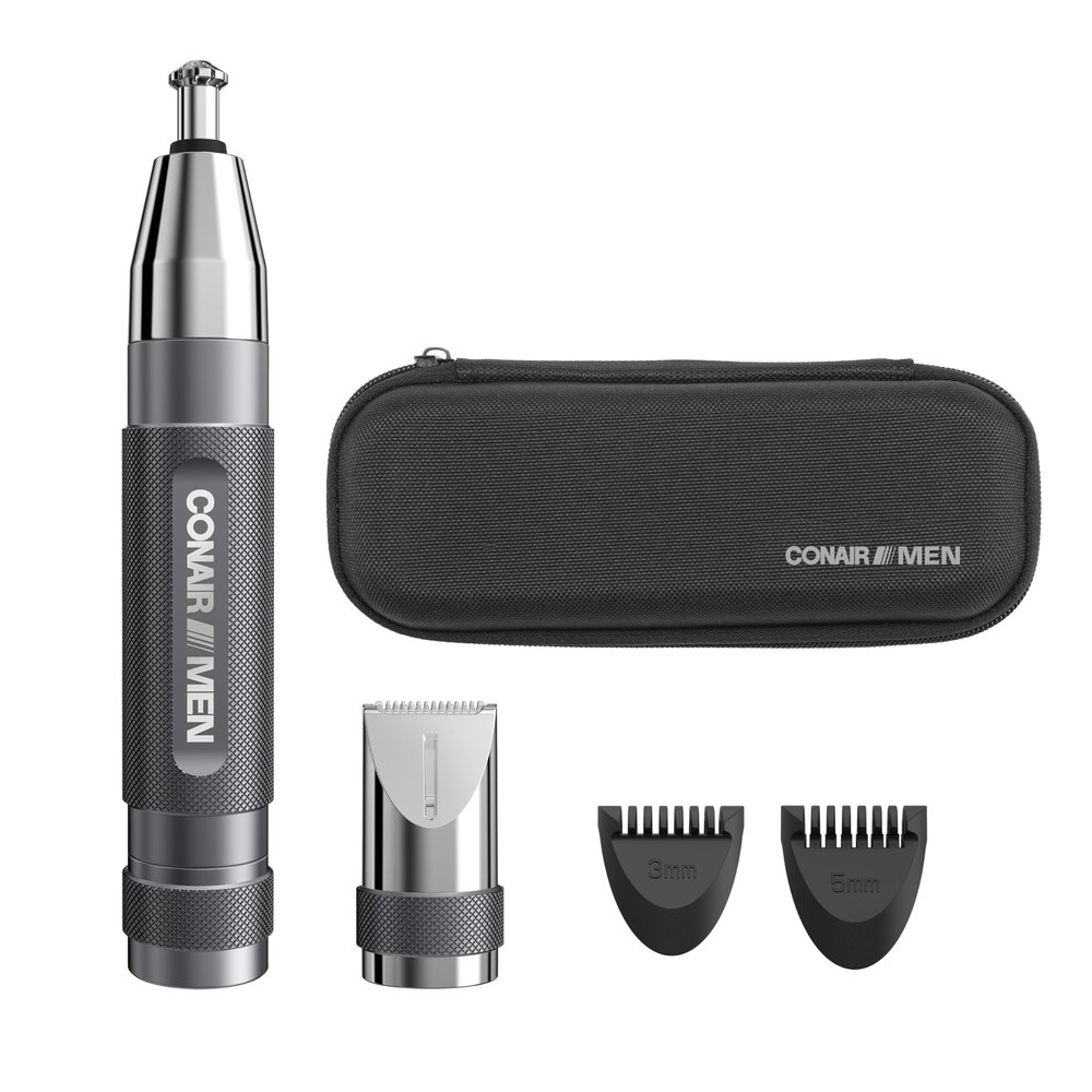 Conair Men Ear, Nose and Eyebrow Trimmer, Patented 360 Bevel Blade for No Pulls, Nicks or Cuts Guaranteed, Nose Hair Trimmer for Men, Non-Slip Grip, 5-Piece Kit with Travel Case