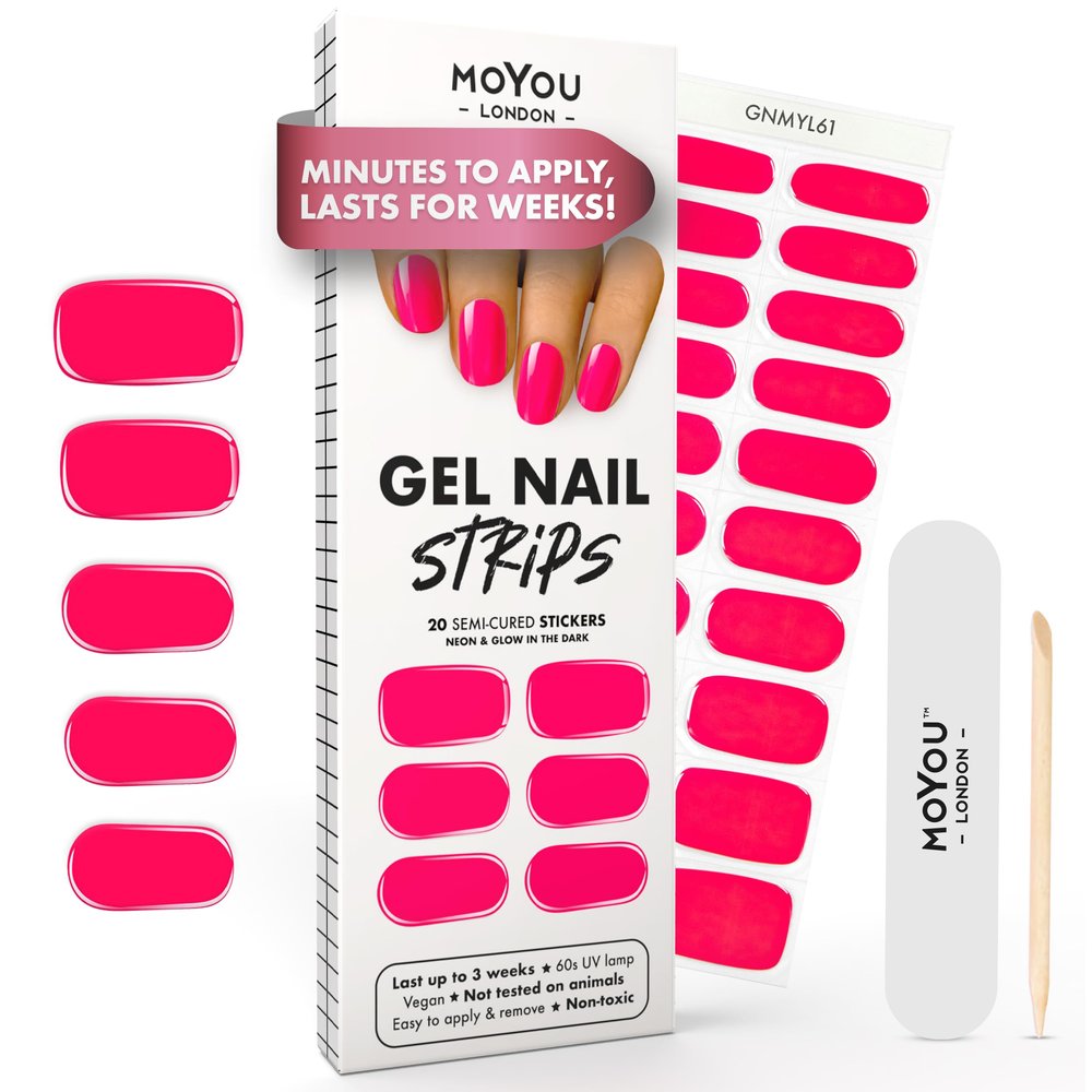 MOYOU LONDON Semi Cured Gel Nail Strips - 20 Pcs. Waterproof Gel Nail Wraps, Cures in Sunlight or UV/LED Lamp, Lasts Up to 2+ Weeks, Stretchable, Easy to Apply & Remove, Vegan & Cruelty-Free