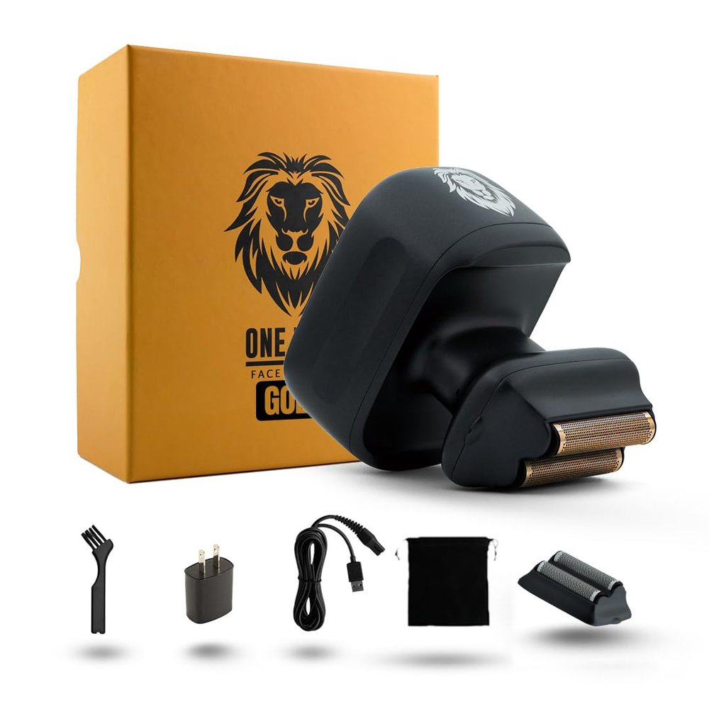Skull Shaver One Lion Gold PRO Face Shaver for Men - Precision Grooming - Stepped Twin Foil - Ergonomic Grip - LCD Display - Cordless & Rechargeable