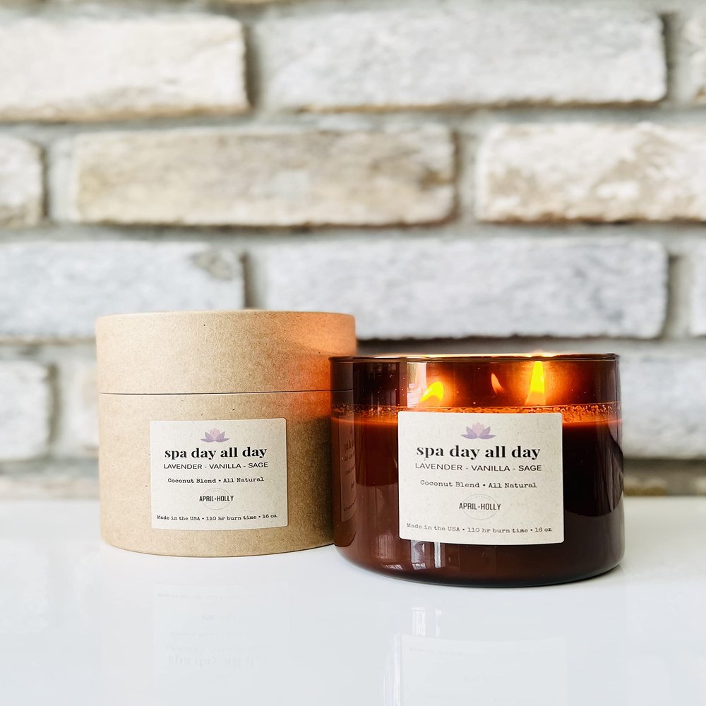 APRIL+HOLLY Spa Day All Day Candle | Lavender, Vanilla, Sage, Packaged for Easy Gift Giving, 100% Natural, Heavily Scented, Coconut Wax Blend, Made in The USA, 60 hr Burn time, 9 oz