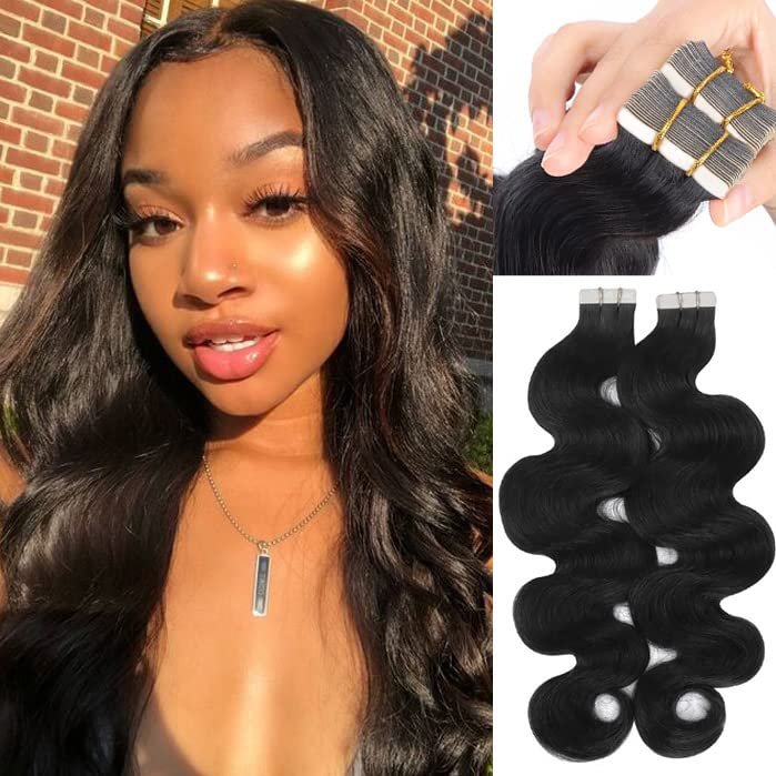 100G Tape in Hair Extensions Human Hair Body Wave for Black Women PU Tape on Extension 20 Inches Natural Black Virgin Hair 40Pcs Double Sided Invisible Tapes in Hair Extension