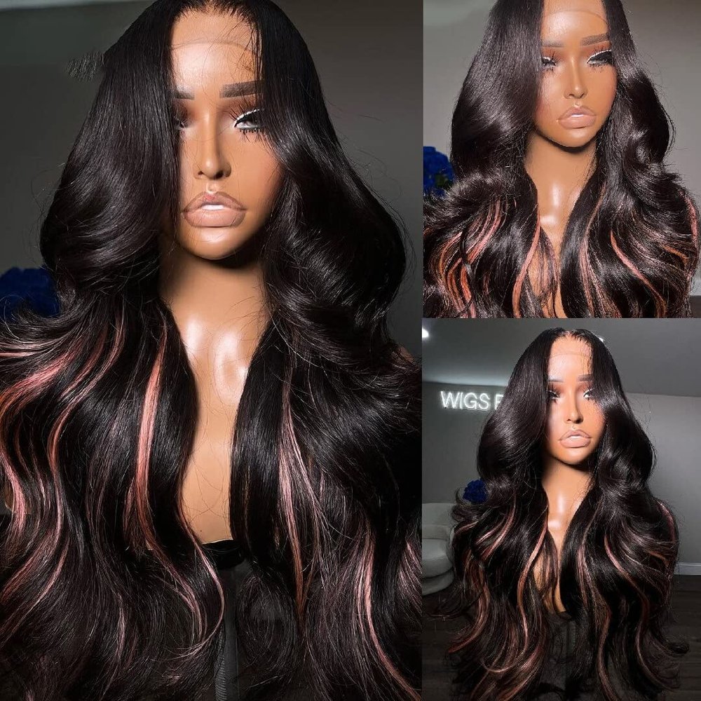 13x4 HD Lace Front Wigs Human Hair Pink Highlight Human Hair Wigs for Black Women Loose Body Wave 180% Density Glueless Wigs Human Hair Pre Plucked(16inch,1B/Pink)