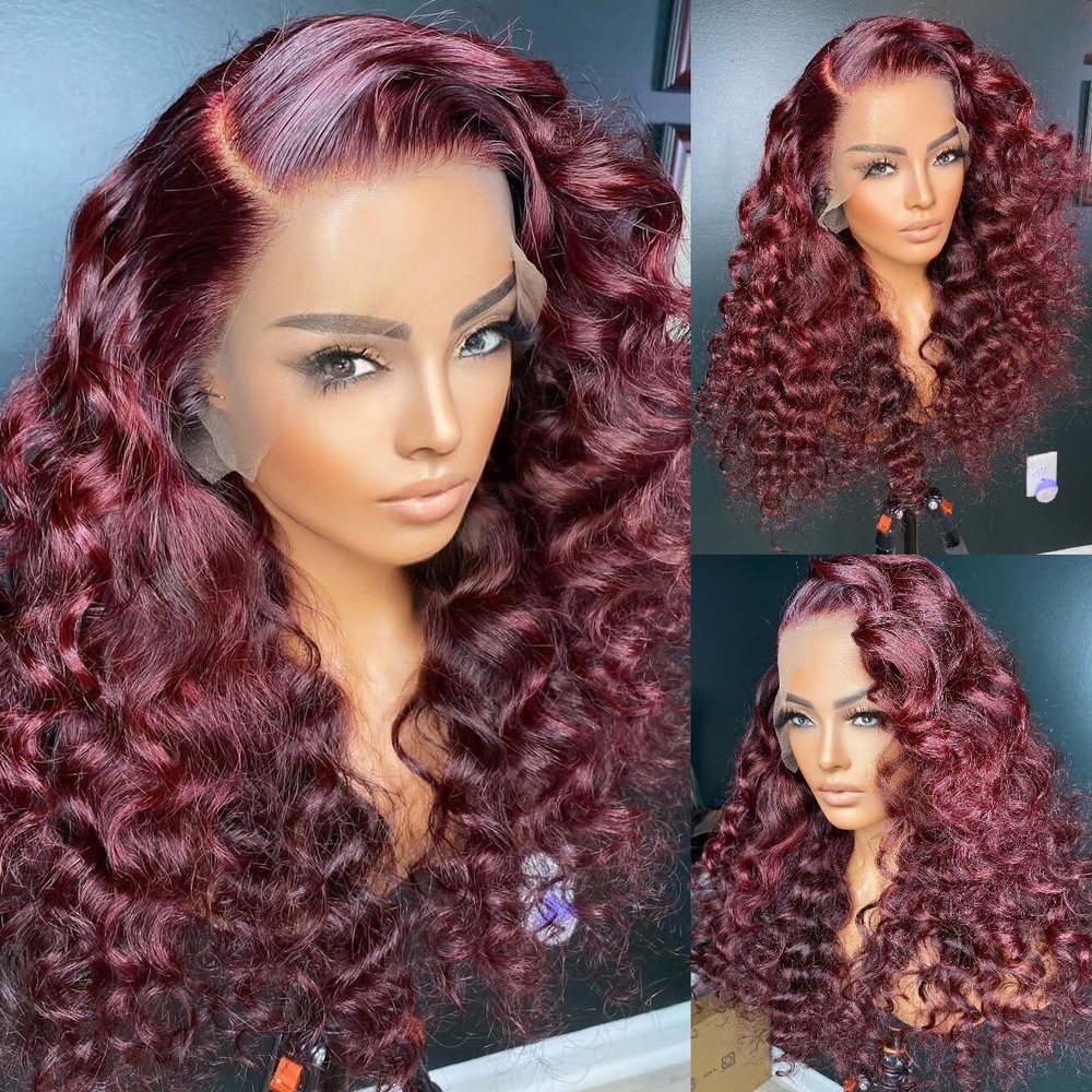 13x6 Lace Front Wigs for Women 99J Lace Front Wigs Human Hair Right Side Part Loose Deep Wave Wig 200% Density Glueless Pre Plucked With Baby Hair (16inch,99J )