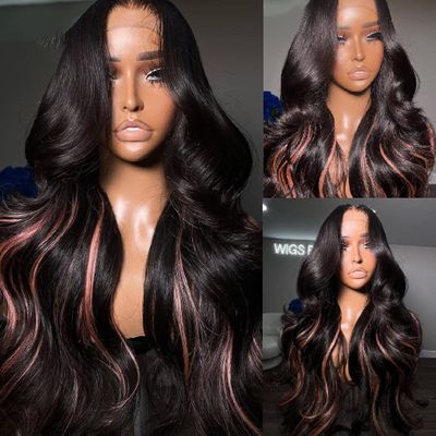 13x4 HD Lace Front Wigs Human Hair Pink Highlight Human Hair Wigs for Black Women Loose Body Wave 180% Density Glueless Wigs Human Hair Pre Plucked(12inch,1B/Pink)