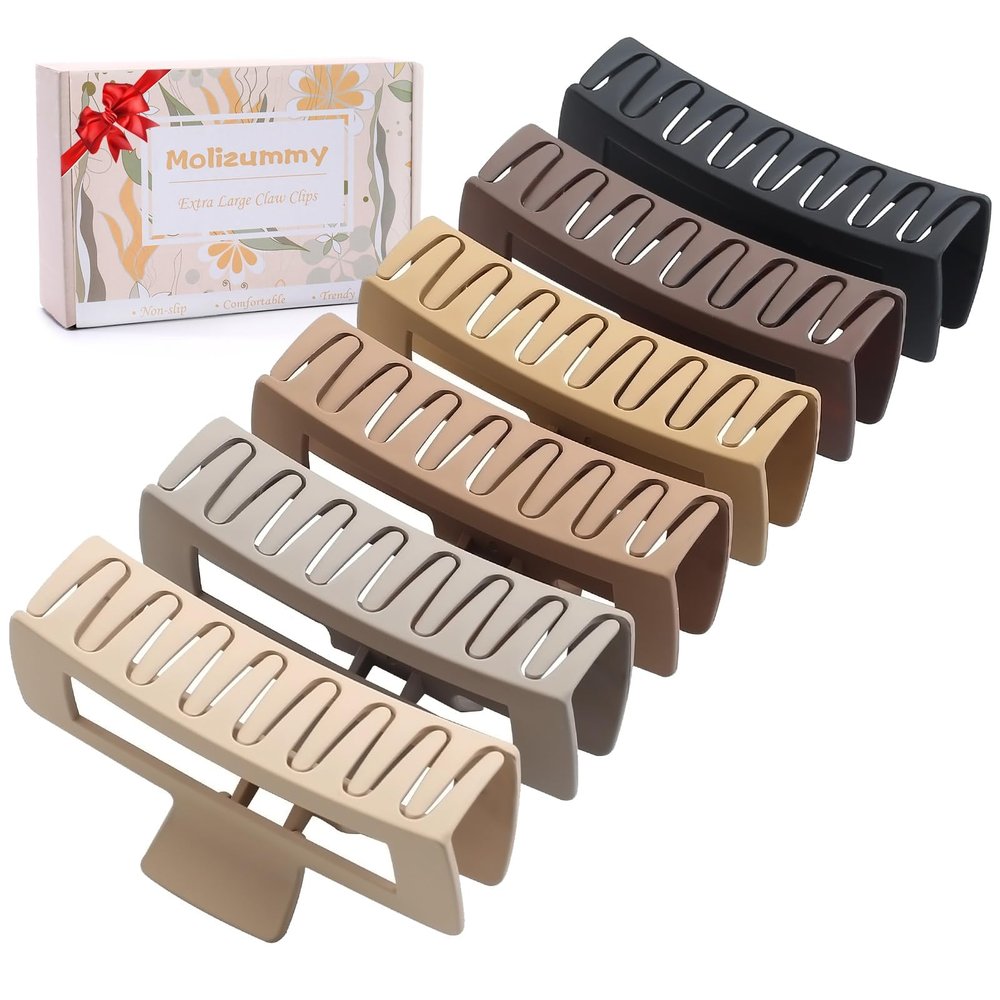 5 Inch XL Hair Clips, Strong Hold Oversized Non-slip Square Clips for Thick Long Curly Hair - 6 Colors, Matte Jumbo Gift Set