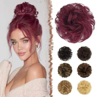 FESHFEN Human Messy Buns - 100% Human Hair Bun Real Scrunchies Hair Pieces Ponytail Extensions Wavy Tousled Updo Chignon Hairpieces for Women, Wine Red