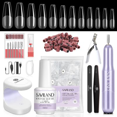 SAVILAND Long Coffin Soft Gel Nail Tips Kit, 500 PCS, Drill and U V Lamp