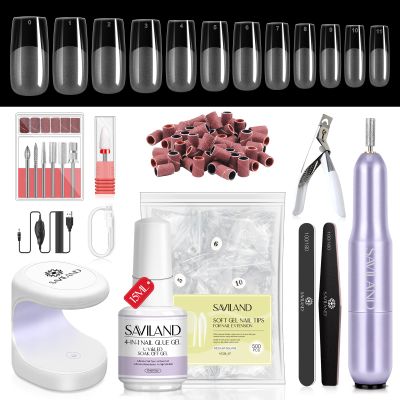 SAVILAND Medium Square Soft Gel Nail Tips Kit, 500 PCS, Drill and U V Lamp