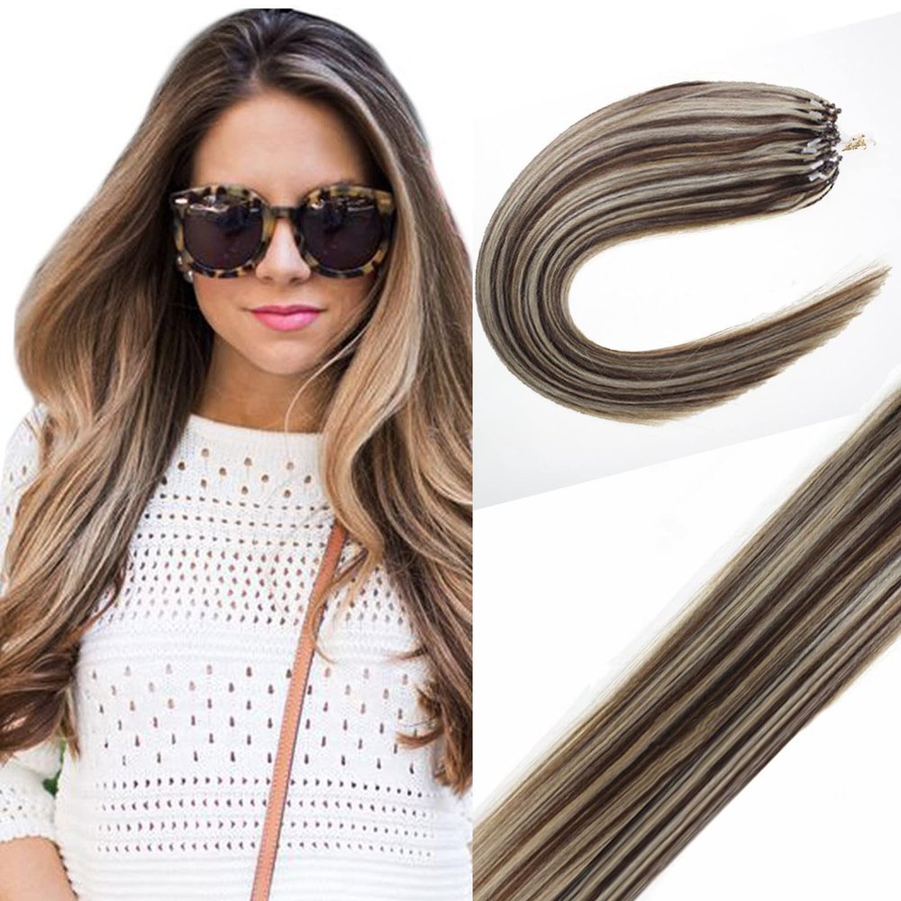 Yotty Micro Ring Loop Hair Extensions Human Hair Highlighted Blonde Silicone Micro Beads Link Remy Hair Extensions Thick Balayage Color P4/613 Medium Brown Mix Bleach Blonde 22inch 50g 50strands