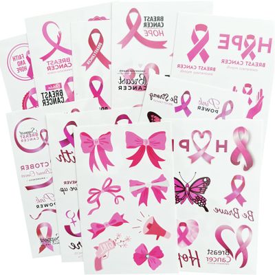 Pink Ribbon Tattoos,Breast Cancer Awareness Temporary Tattoo,Pink Butterfly Tattoo Sticker, 10-Sheet