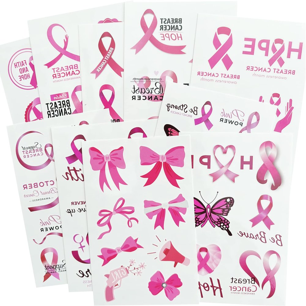 Pink Ribbon Tattoos,Breast Cancer Awareness Temporary Tattoo,Pink Butterfly Tattoo Sticker, 10-Sheet