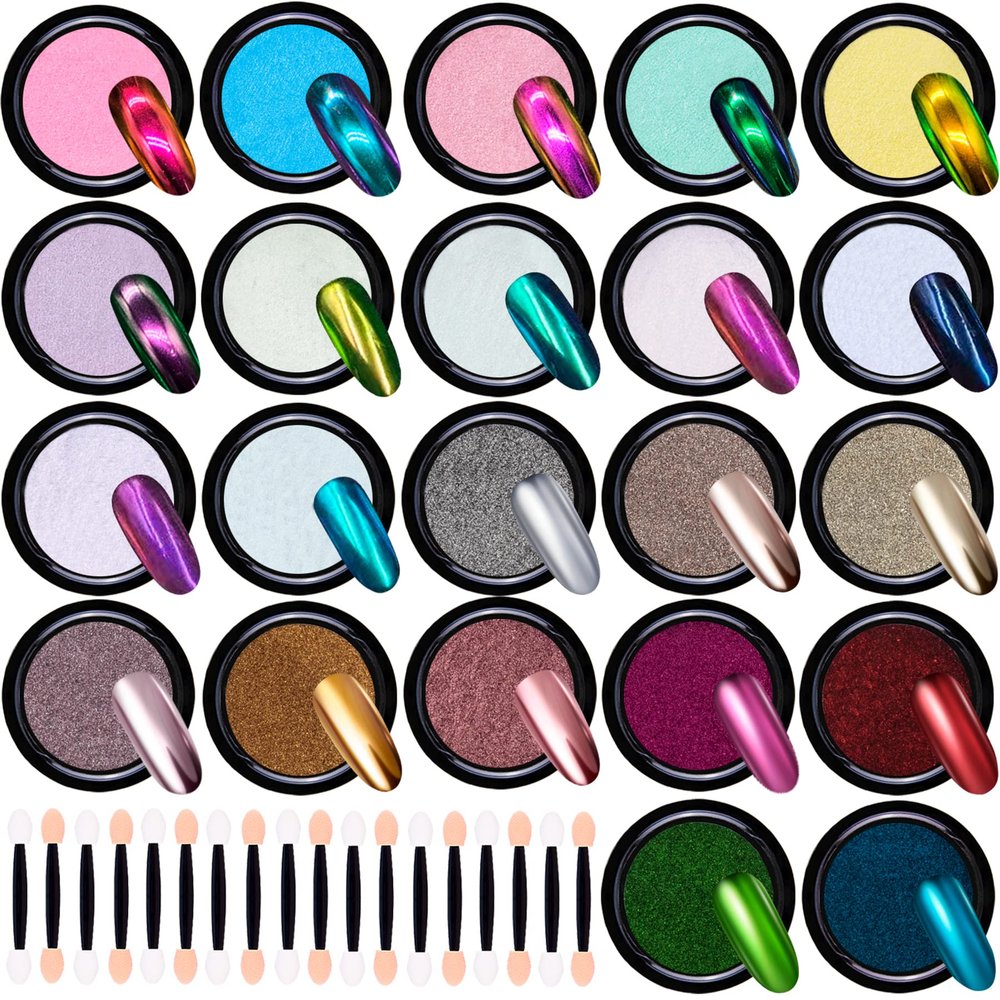 Duufin 22 Colors Nail Chrome Powder Pear Metallic Mirror Iridescent Aurora Nails Art Chrome Nail Powder with 22 Pcs Eyeshadow Sticks, 1g/Jar
