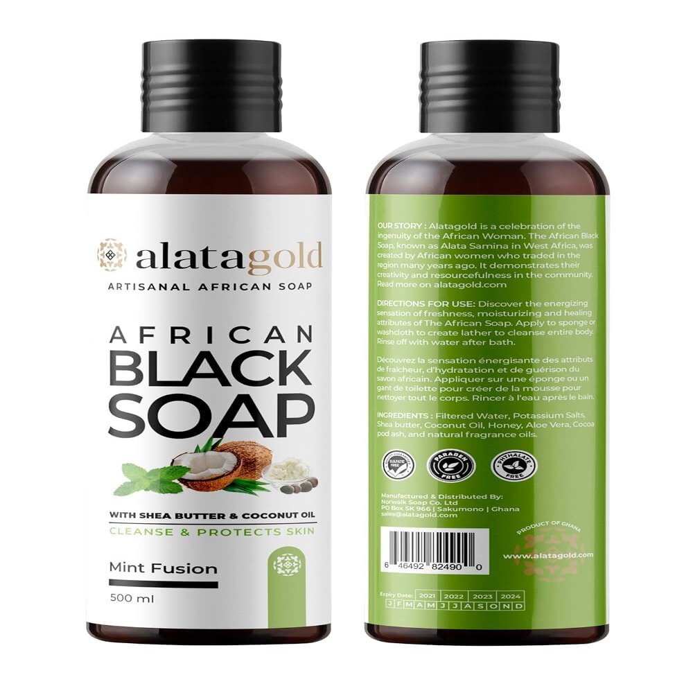 AlataGold African Black Soap Liquid Body Wash (Pack of 2) Moisturizing Black African Soap with Shea Butter, Aloe, Honey & Coconut Oil Deep Cleansing & Hydrating 16.9 oz (Mint Scent)