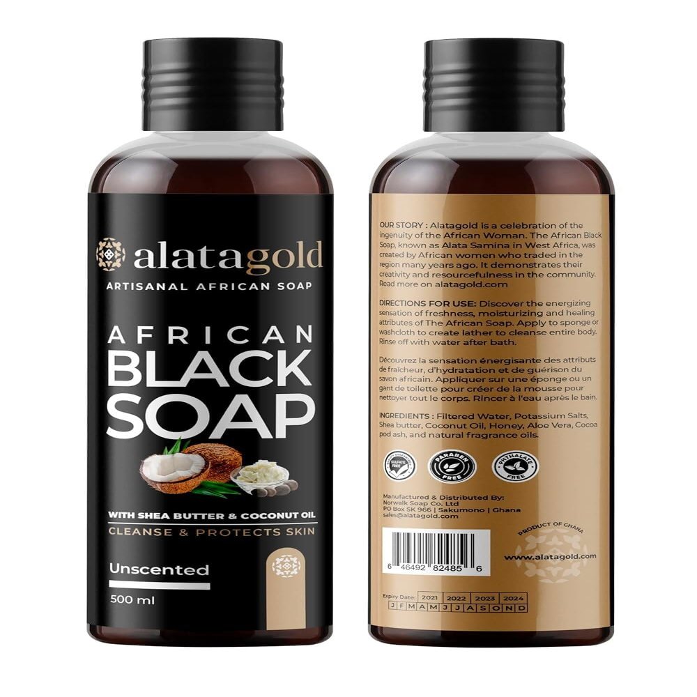 AlataGold African Black Soap Liquid Body Wash (Pack of 2) Moisturizing Black African Soap with Shea Butter, Aloe, Honey & Coconut Oil Deep Cleansing & Hydrating 16.9 oz (Unscented)
