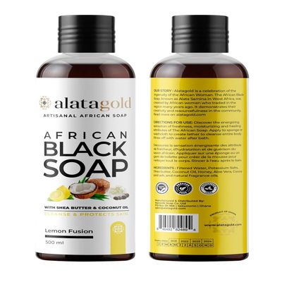AlataGold African Black Soap Liquid Body Wash (Pack of 2)  Moisturizing Black African Soap with Shea Butter, Aloe, Honey & Coconut Oil  Deep Cleansing & Hydrating  16.9 oz (Lemon Scent)