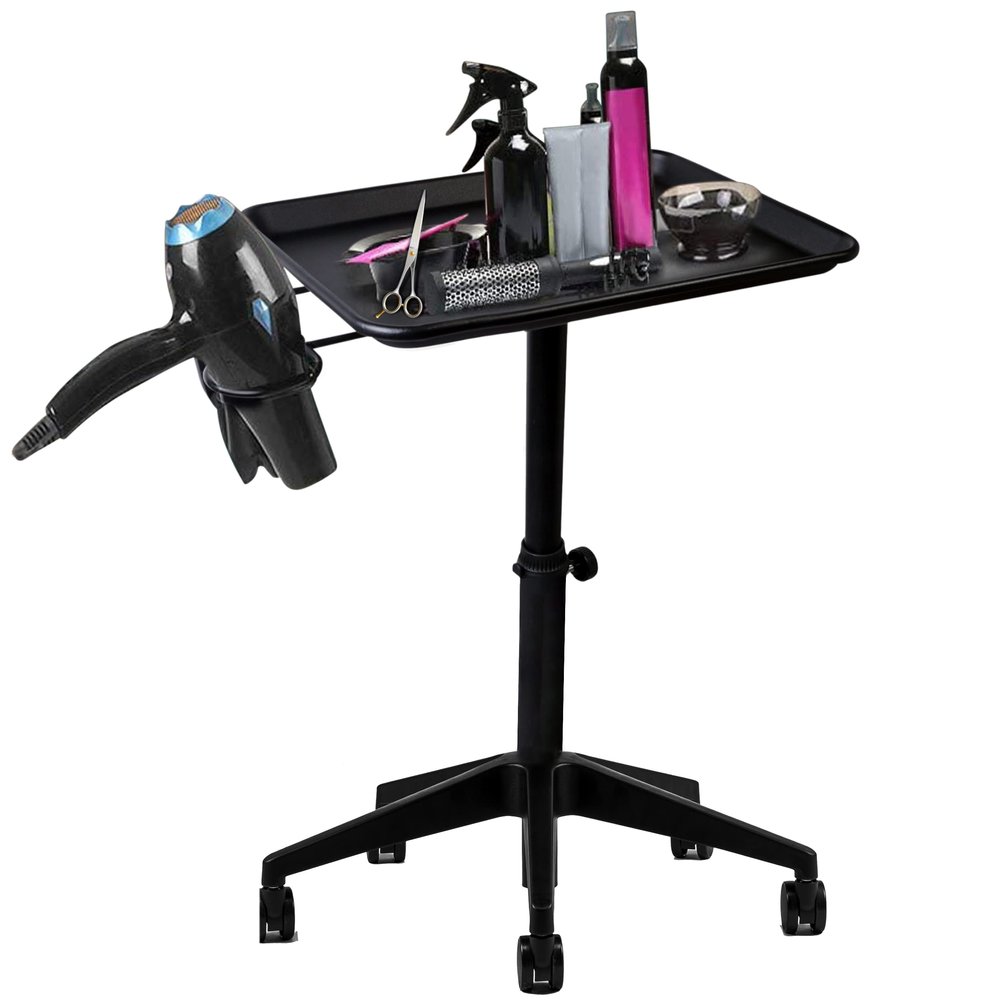 MK Louchell Premium Hair Salon Tray, Tattoo Tray on Wheels Rolling Cart Aluminum Station Trolley Instrument Barber Table Furniture. Height Adjustable & Durable (Black)