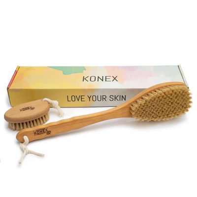 KONEX Bath Brush Set, Exfoliating Shower Scrubber, Dry Brushing Body Brush Set, Pore Opening, Beechwood Handle with Natural Bristle Large 15" Plus Small Face Brush