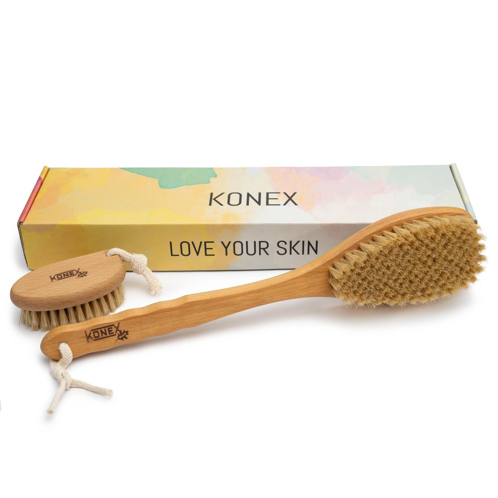 KONEX Bath Brush Set, Exfoliating Shower Scrubber, Dry Brushing Body Brush Set, Pore Opening, Beechwood Handle with Natural Bristle Large 15" Plus Small Face Brush