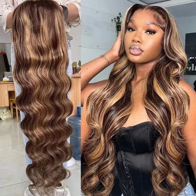 180% Density Body Wave Honey Blonde Highlight Human Hair Wigs 13X6 HD Transparent Lace Front Wigs Pre Plucked Natural Hairline Brown To Blonde Lace Frontal Wigs Brazilian Remy Hair HD Wigs 16Inch