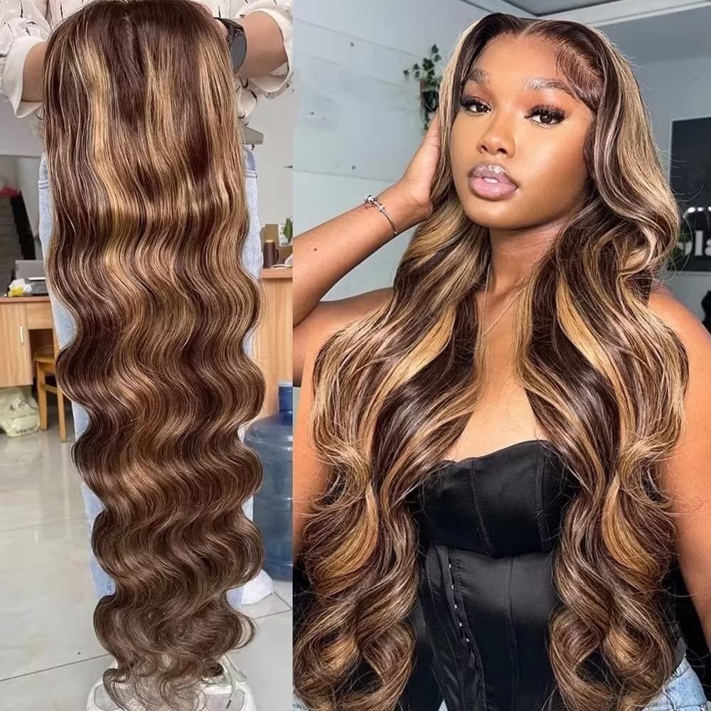 180% Density Body Wave Honey Blonde Highlight Human Hair Wigs 13X6 HD Transparent Lace Front Wigs Pre Plucked Natural Hairline Brown To Blonde Lace Frontal Wigs Brazilian Remy Hair HD Wigs 16Inch