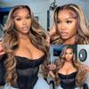 180% Density Body Wave Honey Blonde Highlight Human Hair Wigs 13X6 HD Transparent Lace Front Wigs Pre Plucked Natural Hairline Brown To Blonde Lace Frontal Wigs Brazilian Remy Hair HD Wigs 26Inch view 4