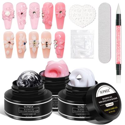 SUPWEE Solid Builder Gel for 3D Nail Art Extension Gel Non Stick Hand Sculpture Hard Gels with Dual Form Flower Strengthen for Home DIY Nails Salon Lamp Cure Require 30g(1oz)