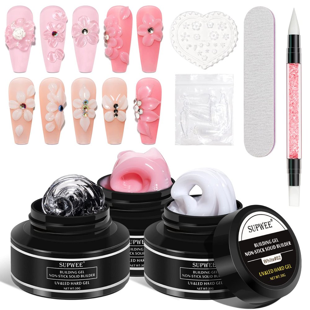 SUPWEE Solid Builder Gel for 3D Nail Art Extension Gel Non Stick Hand Sculpture Hard Gels with Dual Form Flower Strengthen for Home DIY Nails Salon Lamp Cure Require 30g(1oz)