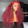 13x4 HD Transparent Lace Frontal Wig for Women Red Colored Curly Human Hair Wig Brazilian Remy Hair With Baby Hair With Baby Hair Pre Plucked Natural Hairline Bleached Knots 180% Density 18 Inch view 1