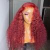 13x4 HD Transparent Lace Frontal Wig for Women Red Colored Curly Human Hair Wig Brazilian Remy Hair With Baby Hair With Baby Hair Pre Plucked Natural Hairline Bleached Knots 180% Density 18 Inch view 3