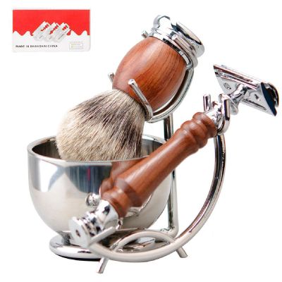Men's Wet Shaving Set,Premium Grooming Set,Pure Badger Hair Shaving Brush Double Edge Safety Manual Razor with Rosewood Handle Stainless Steel Shaving Holder Stand Large Shaving Bowl with 10 Blade