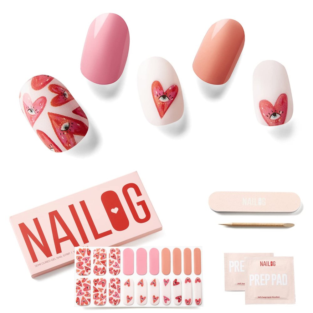 NAILOG Semi Cured Gel Nail Strips for Valentine's Day (20 Extra Long Stickers/Wraps) | Buy 2 Get 1 UV Lamp| Glossy & Long Lasting Soft Gel Finishing, Pink Gaze