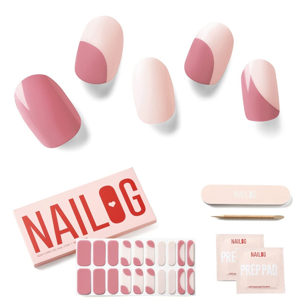 NAILOG Cured Gel Nail Strips 20 Pcs French Tip Stickers | Buy 2 Get 1 UV Lamp | Long Nail Wraps with Glossy Finishing | Audrey