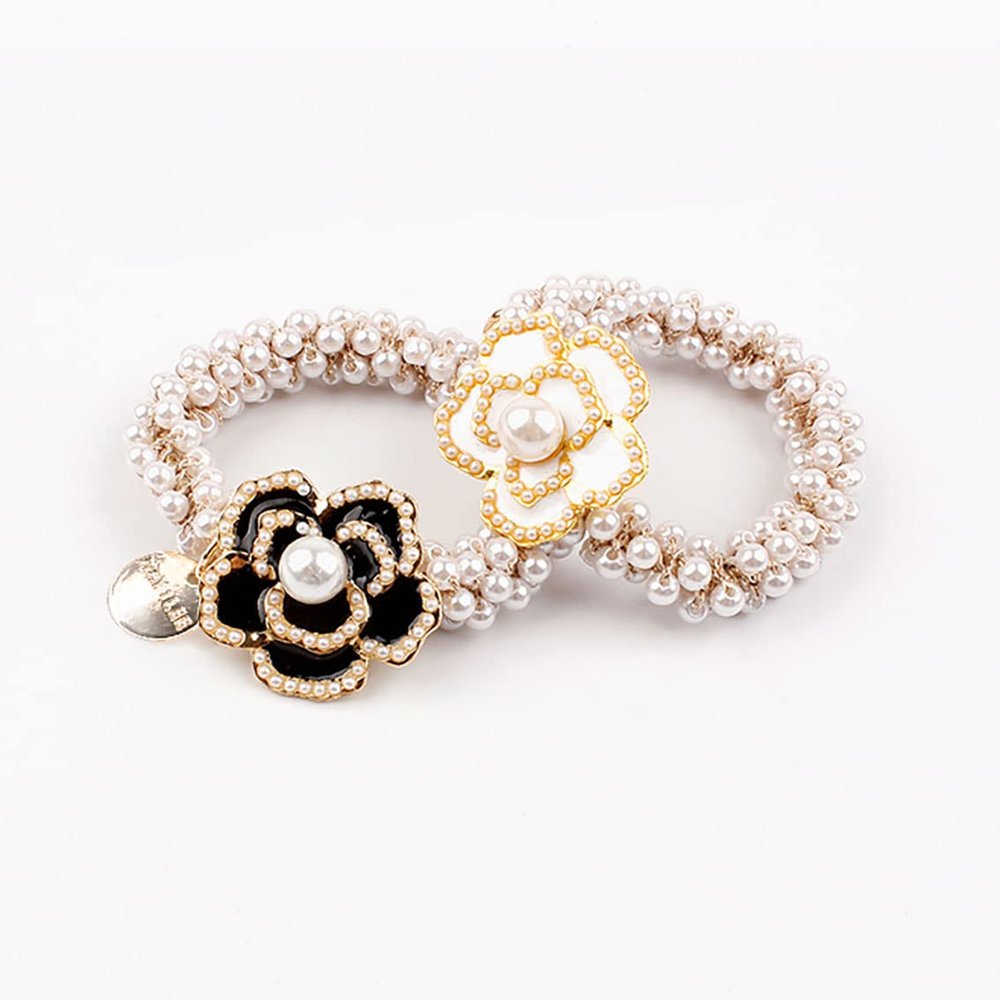 Ailison Camellia Pearl Hair Ties, 2 Pcs High Elastic Hair Rope, Women's Braided Hair Ties, High Ponytail Holders