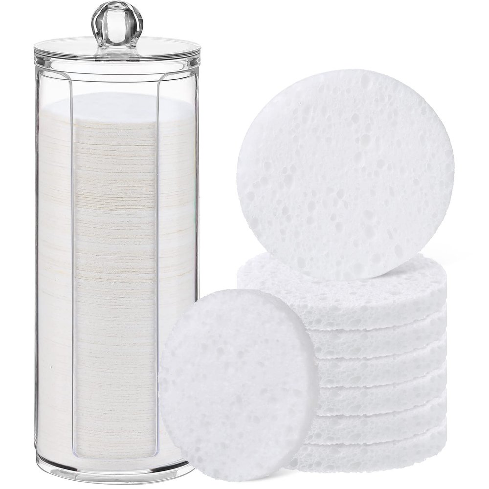 Sieral 120pcs Compressed Facial Sponges Disposable Natural Face Sponges Round Soft Pads with Container for Washing Face Cleansing Exfoliating Esthetician Makeup Removal Travel(White)