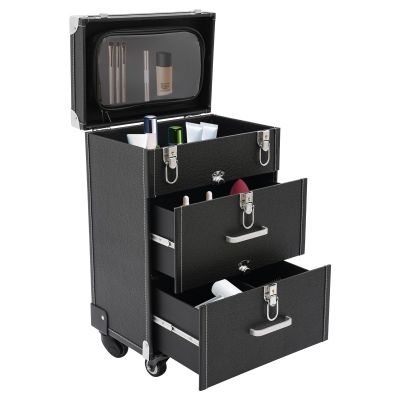 Titunjian Rolling Makeup Case with Drawer Cosmetic Trolley 3 Tier Travel Cosmetic Organizer on Wheels Salon Barber Case for Makeup Artist Tattooist Nail Tech Hairstylists (Type F, Black)