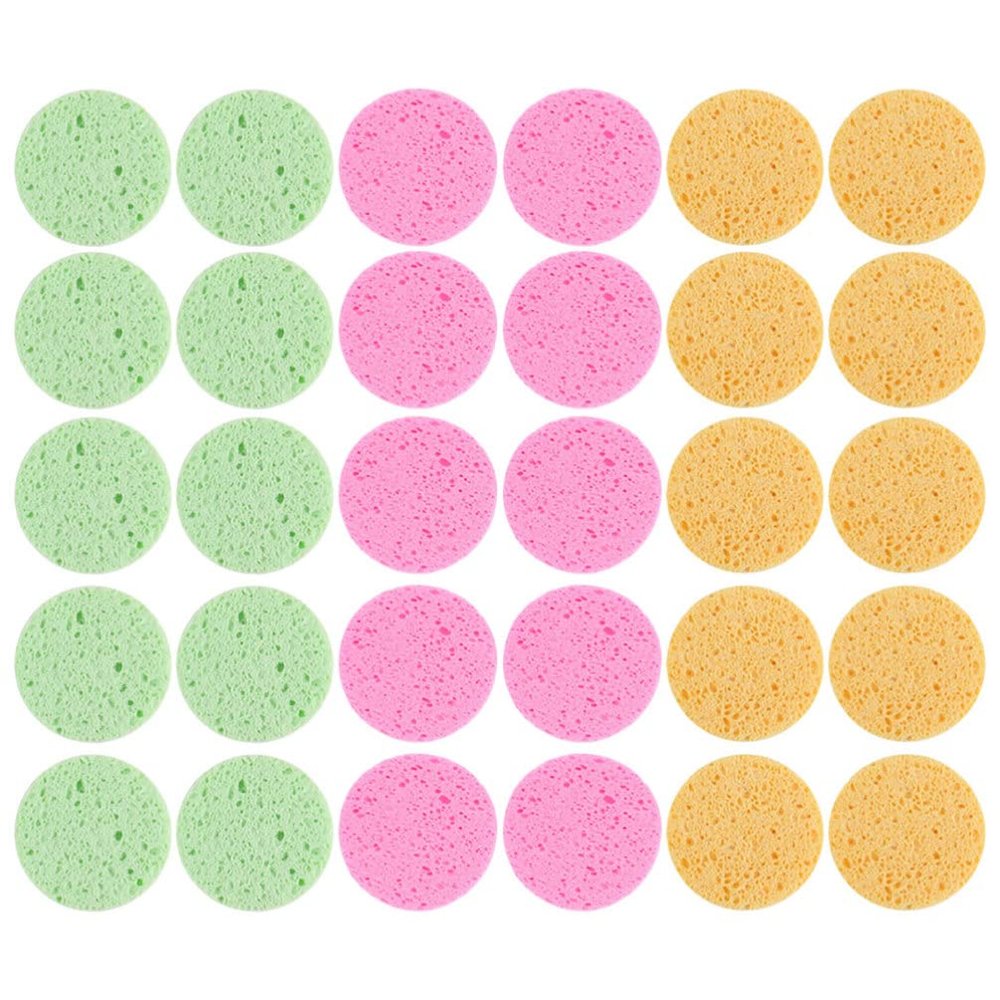 Beavorty 30pcs Facial Cleansing Sponges Round Exfoliating Face Wipes for Makeup Removal Soft and Convenient Skin Cleansing for Daily Use Yellow Green Colors