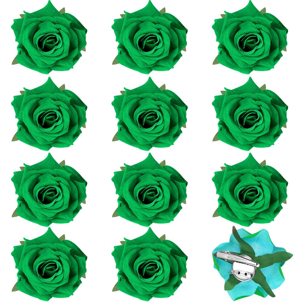 Yilloog 12 Pack Rose Hair Clip Flower 2.8'' Hairpin Floral Brooch Floral Hairclips Mexican Flowers Hairpin Party Supplies for Women Rose Hair Accessories Wedding Pack(Green)
