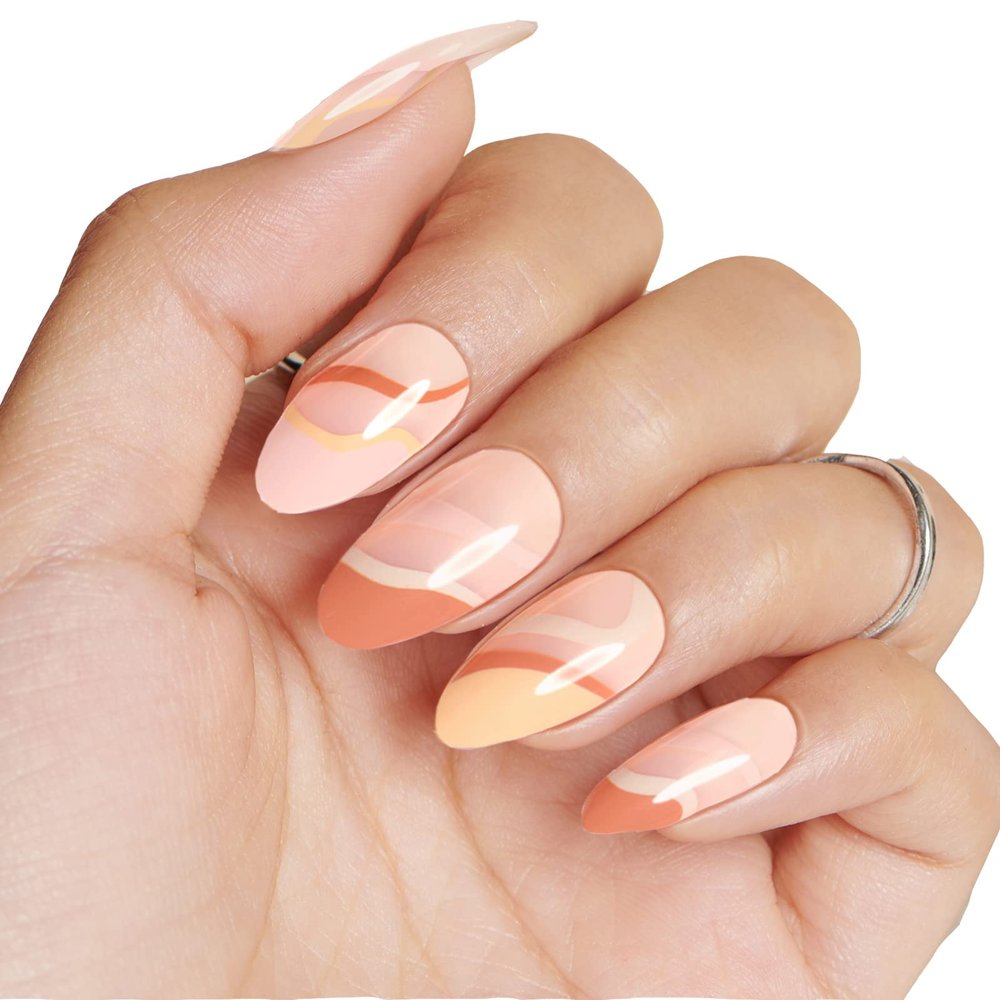 Press On Short Almond Nails - Swirl French Tips Medium Fake Nails With Glue Orange Beige Peach Lines False Design Acrylic Reusable Full Cover Kits