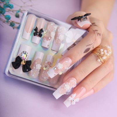 MqpQ Long Press On Nails Square French Nude Pink Fake Nails Luxury Bow and 3D Flower Rhinestones False Nails 24pc Glossy Full Cover Nails For Women And Girls