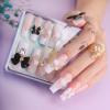 MqpQ Long Press On Nails Square French Nude Pink Fake Nails Luxury Bow and 3D Flower Rhinestones False Nails 24pc Glossy Full Cover Nails For Women And Girls view 1