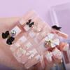 MqpQ Long Press On Nails Square French Nude Pink Fake Nails Luxury Bow and 3D Flower Rhinestones False Nails 24pc Glossy Full Cover Nails For Women And Girls view 2
