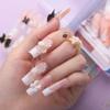 MqpQ Long Press On Nails Square French Nude Pink Fake Nails Luxury Bow and 3D Flower Rhinestones False Nails 24pc Glossy Full Cover Nails For Women And Girls view 3